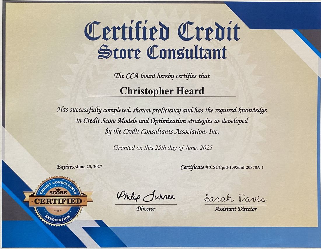 Certified Credit Score Consultant certificate issued to Christopher Heard by the Credit Consultants Association
